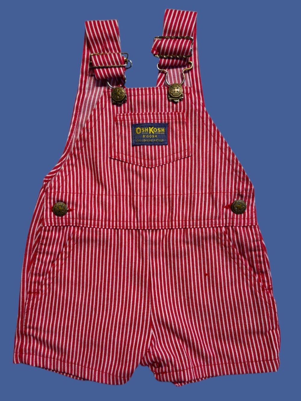 Vintage OshKosh B'gosh Vestbak Red Railroad Stripe Shortall Overalls (12M)